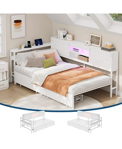 homfan Twin Corner Bed Frame with Storage, Charging Station Led Light, Metal Platform Bed with 2 Drawers, Adjustable Desk and Bookcase Headboard
