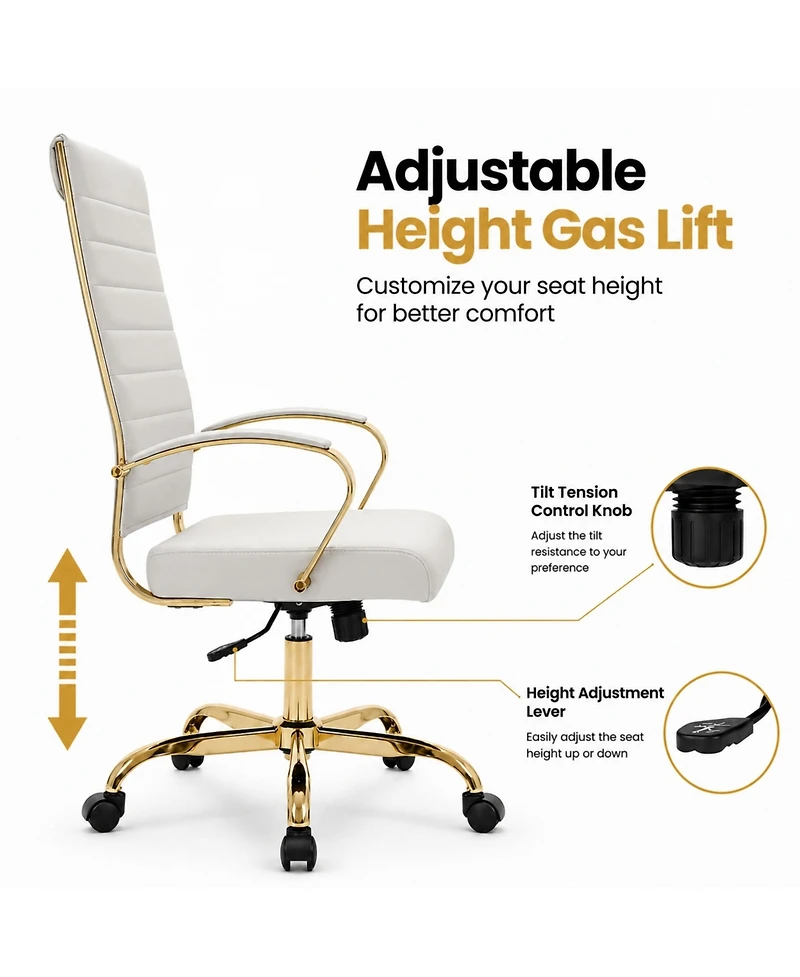 LeisureMod Benmar High-Back Leather Conference Desk Office Chair with Frame, Adjustable, Swivel and Tilt