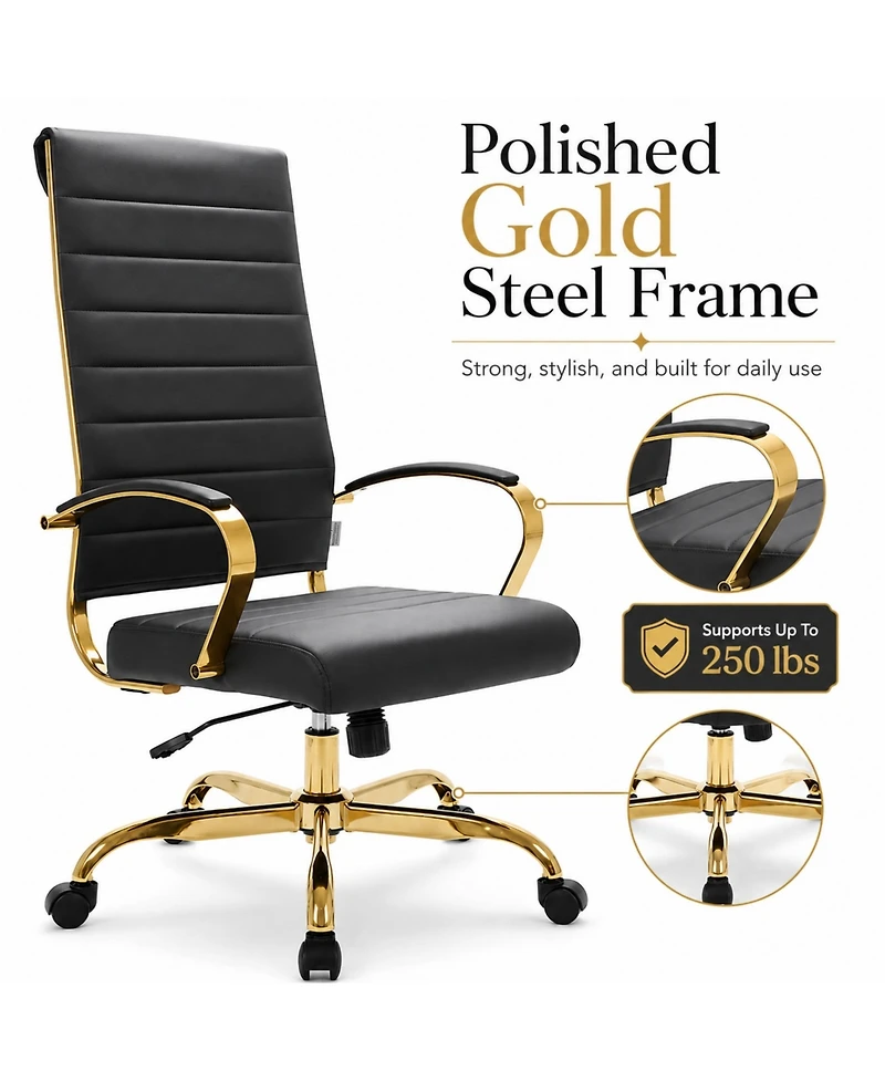 LeisureMod Set of 4 Benmar High-Back Leather Upholstered Swivel Executive Office Chair with Gold Accents, Adjustable, and Tilt