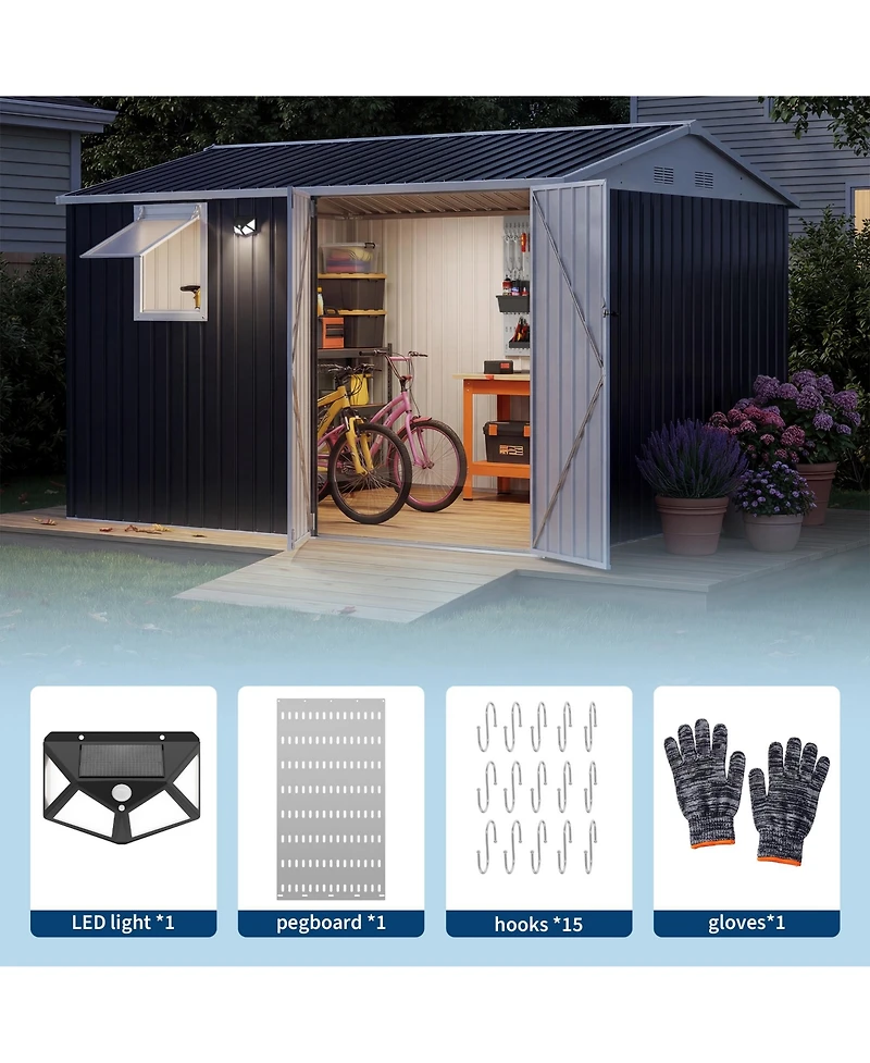 10 x Ft Outdoor Storage Shed with Window, Pegboard and Solar Light, Metal Tool for Garden, Backyard, Patio