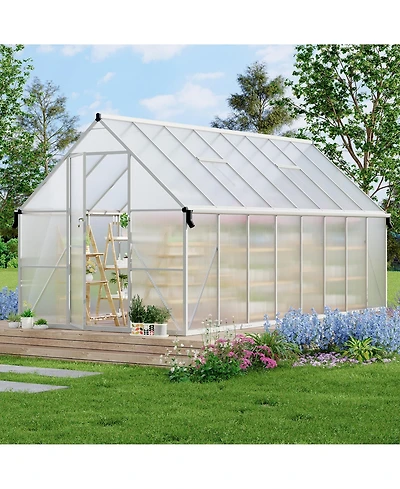 8 x 16 ft Greenhouse with Aluminum Frame and Polycarbonate Panels, Walk-in Outdoor Sun Room for Backyard Garden Patio, Silver