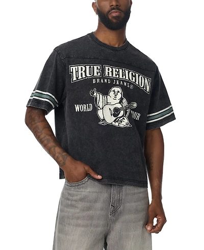 True Religion Men's Washed Heavyweight Boxy World Tour Logo T-Shirt