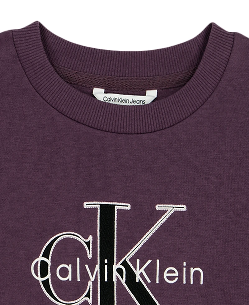 Calvin Klein Girls' 7-16 Monologo Drop-Shoulder Fleece Crewneck Sweatshirt