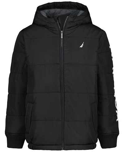 Nautica Boys' 4-20 Water-Resistant Quilted Puffer Jacket with Fleece Beanie, 2-Piece Set