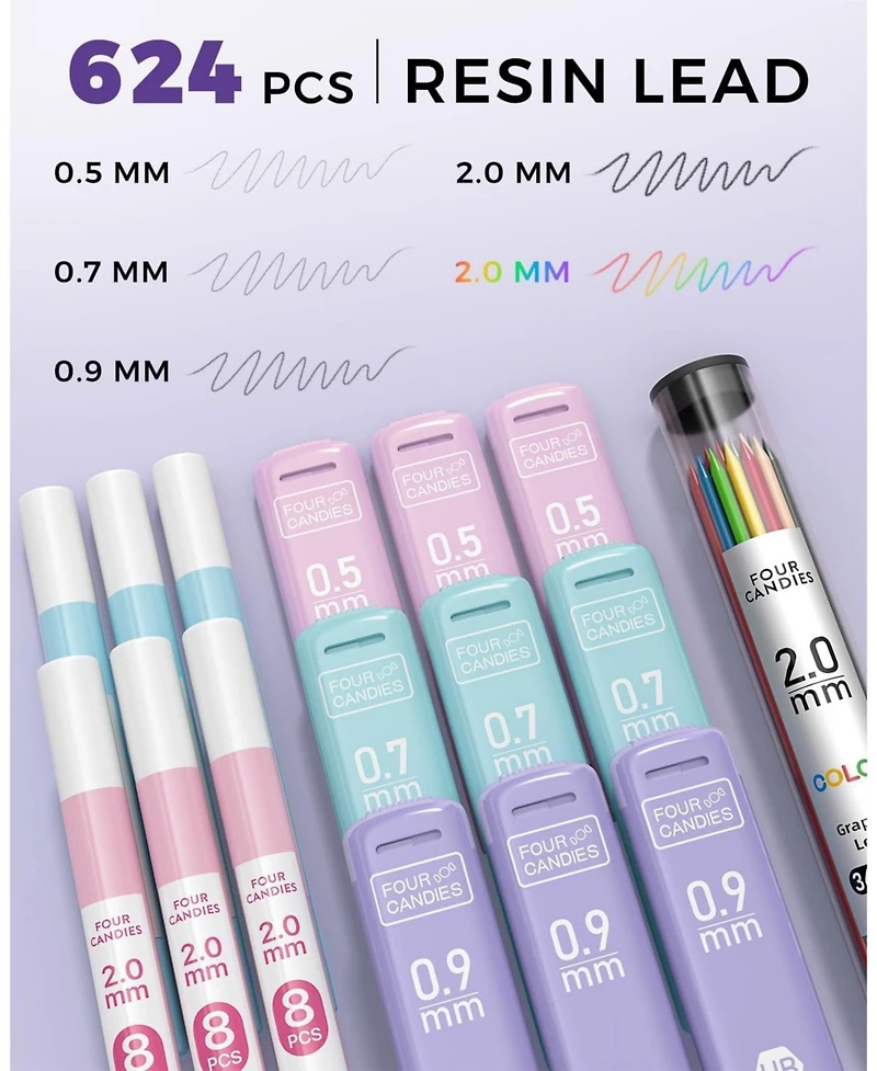 Four Candies 36Pieces Aesthetic School Supplies, Mechanical Pencils 0.5/0.7/0.9/2.0mm with 624 Lead Refills
