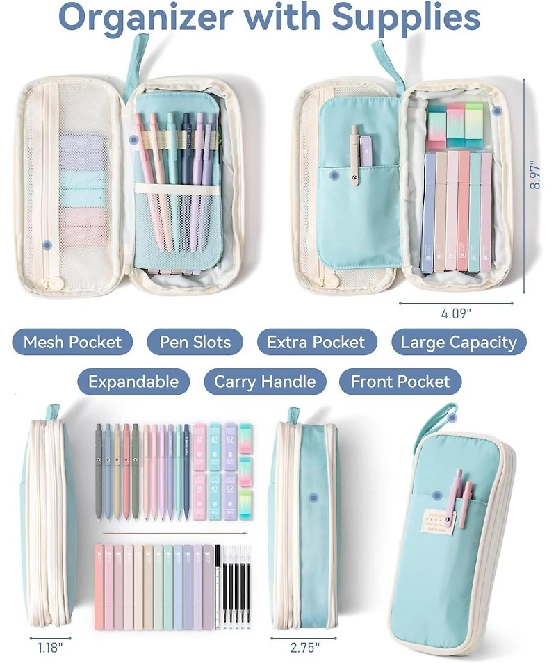 Four Candies 39Pieces Aesthetic Stationery Set w/Case, 12 Highlighters, 5 Gel Pens, 6 Pencils