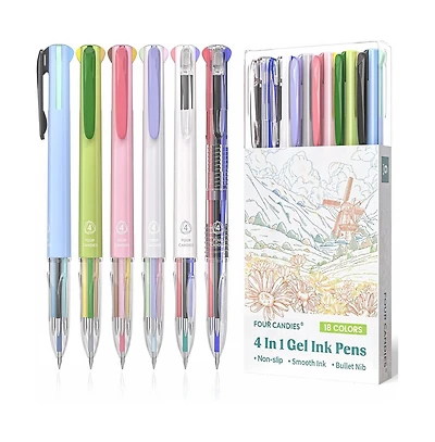 Four Candies 6Pieces 4-in-1 Multicolor Gel Pens, 0.5mm Retractable 18 Colors for Office School