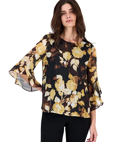 Kasper Women's Floral 3/4-Sleeve Ruffled Chiffon Blouse