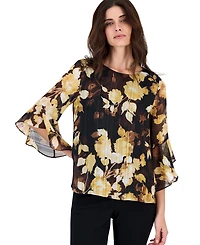 Kasper Women's Floral 3/4-Sleeve Ruffled Chiffon Blouse