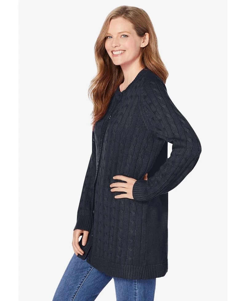 Woman Within Plus Cotton Cable Knit Cardigan Sweater