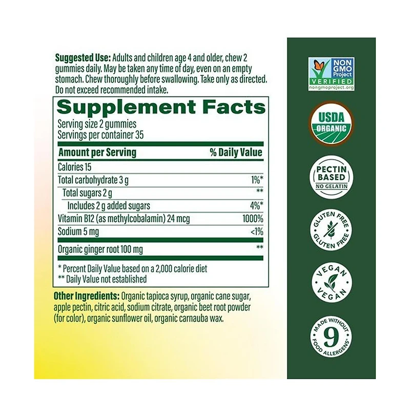 MegaFood Vitamin B12 Energy Gummies Methyl B12 Gummies 70 Ginger Gummies