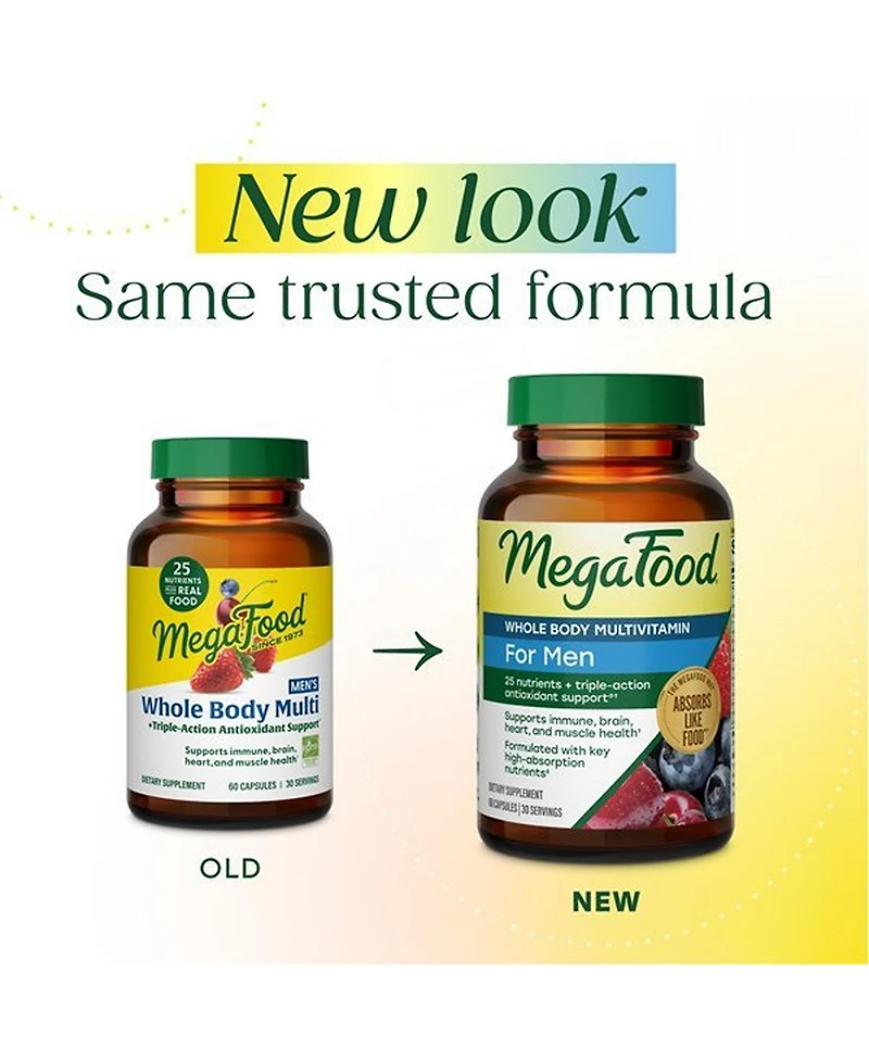 MegaFood Whole Body Multivitamin for Men for Immune Brain Heart and Muscle Health 60 Capsules