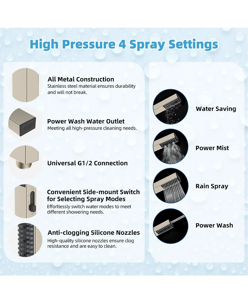 Cyqbd 8'' Metal Rainfall Shower Head Handheld Wand Extension Arm Hose Kit