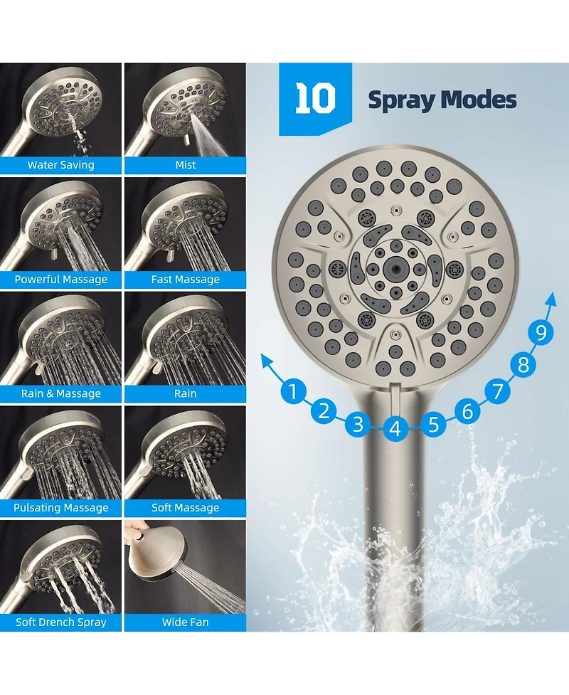 Cyqbd 8'' All Metal Shower Head Rainfall Handheld Extension Arm 10 Sprays Hose Holder Square