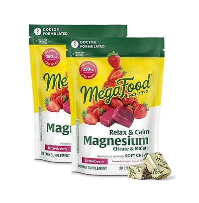 MegaFood Relax and Calm Magnesium Supplement with Magnesium Citrate and Malate 30 Strawberry Soft Chews, 2Pack