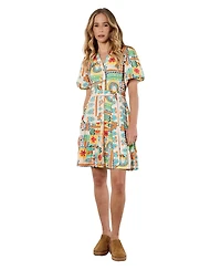Apricot Women's Tropical Animation Puff-Sleeve Tropical-Print Tiered Mini Dress