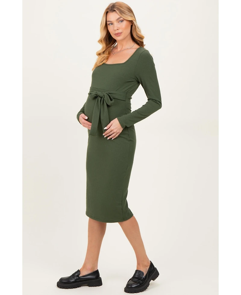 Pinkblush Women's Olive Ribbed Long Sleeve Square Neck Tie Belt Midi Dress