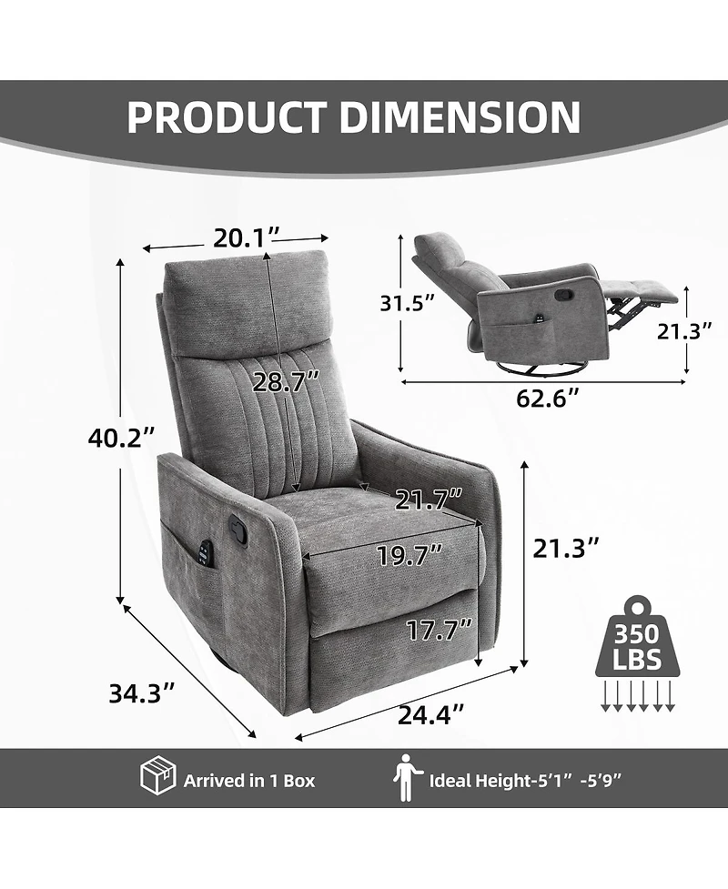 Streamdale Furniture Fabric Manual Recliner Chair with Heat, Massage, Rocker and Swivel