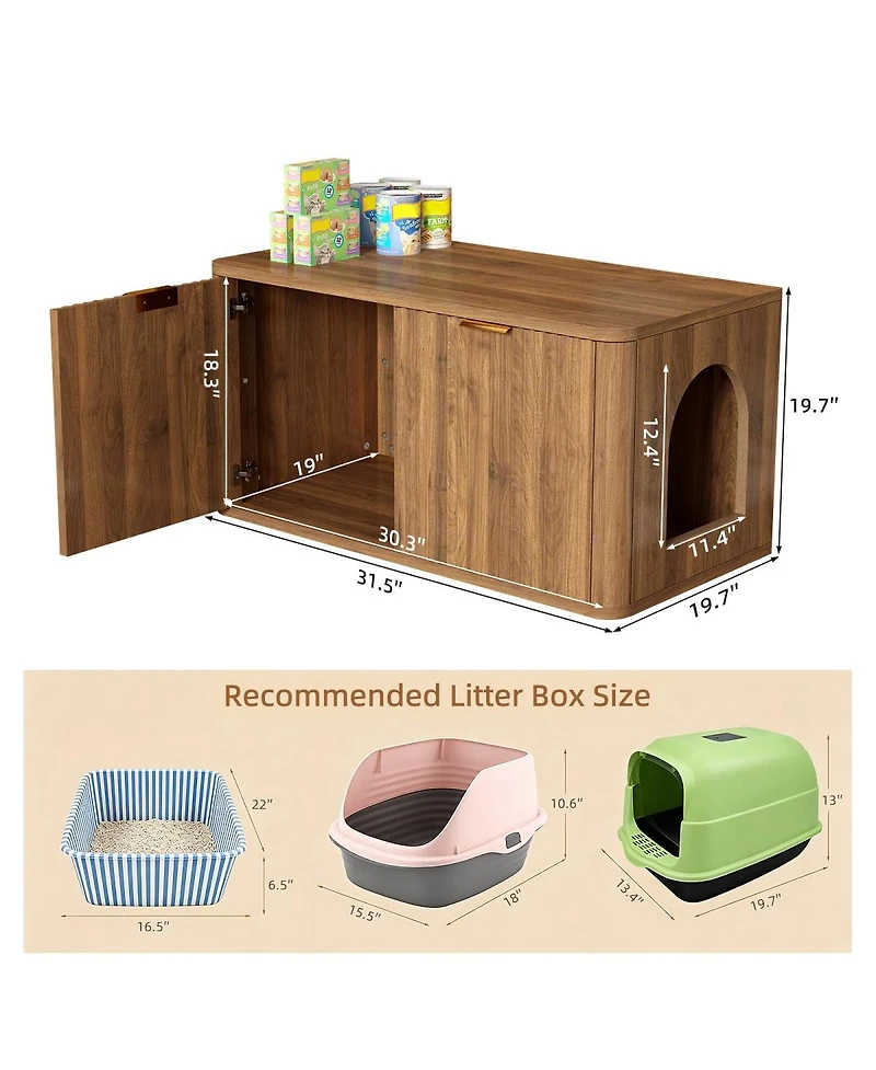 6thdruple 31.5" Modern Walnut Cat Litter Box Enclosure, Hidden Litter Cabinet with Fluted Design