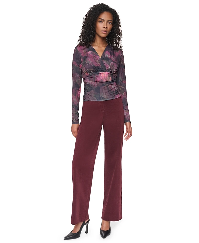 Dkny Women's Floral-Print Ruched Long-Sleeve V-Neck Blouse