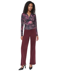 Dkny Women's Floral-Print Ruched Long-Sleeve V-Neck Blouse