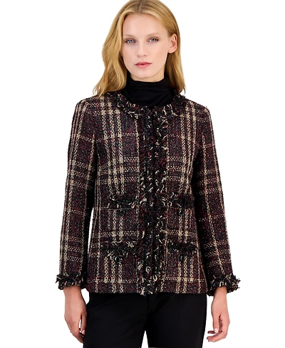 Anne Klein Women's Petite Fringe-Trim Plaid Shawl-Collar Jacket
