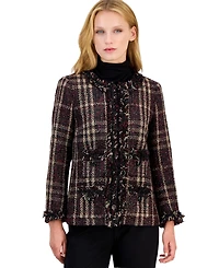 Anne Klein Women's Petite Fringe-Trim Plaid Shawl-Collar Jacket