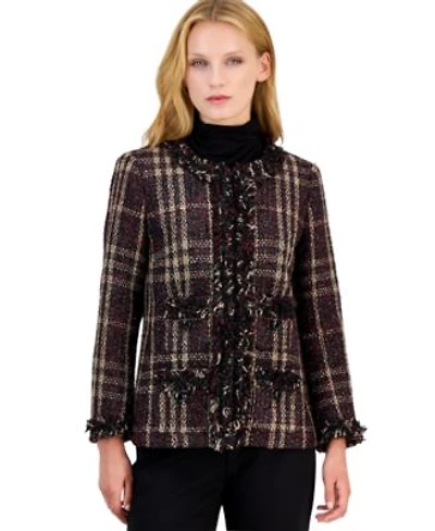 Anne Klein Womens Plaid Fringe Trim Tweed Jacket