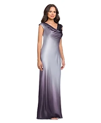 Betsy & Adam Petite Long Ombre Drape Charm Cowl Neck Satin Gown