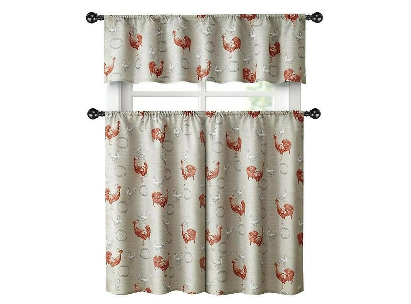 Kate Aurora Living Country Farmhouse Red Rooster Barn 3 Piece Kitchen Curtain Tier & Valance Set
