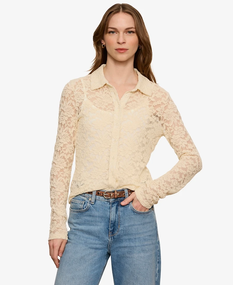 Sanctuary Women's Petite Dreamer Lace Long-Sleeve Button-Up Blouse