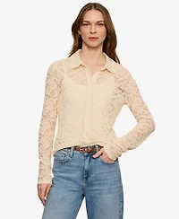 Sanctuary Women's Petite Dreamer Lace Long-Sleeve Button-Up Blouse