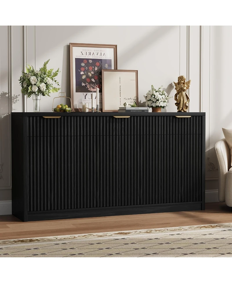 55 Inch Modern Fluted Buffet Sideboard Credenza, Storage Cabinet With Doors And Inner Shelves For Kitchen, Dining Room Coffee Bar Spaces