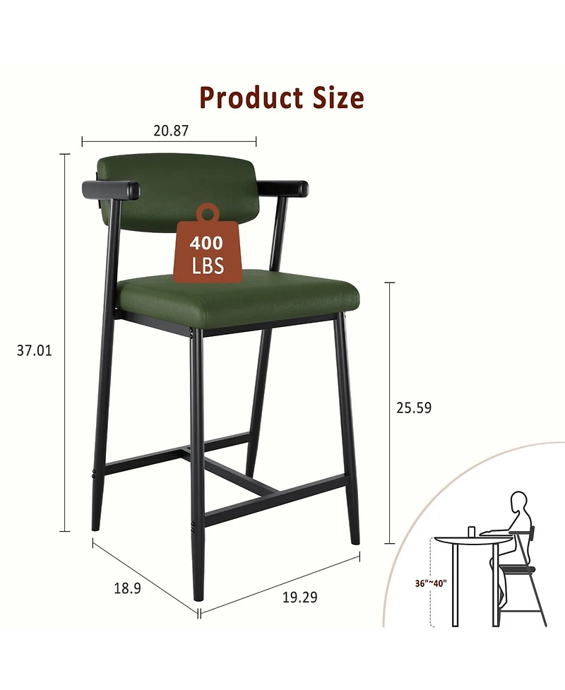 Modern Counter Height Bar Stools Set of 6 with Arms and Back, Upholstered Wide Seat, Ergonomic Metal Frame, Footrest, Easy Assembly