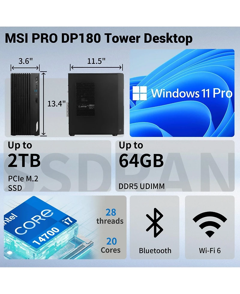 Msi Pro DP180 Intel Core i7-14700 Windows 11 Pro 64GB DDR5 Desktop Computer