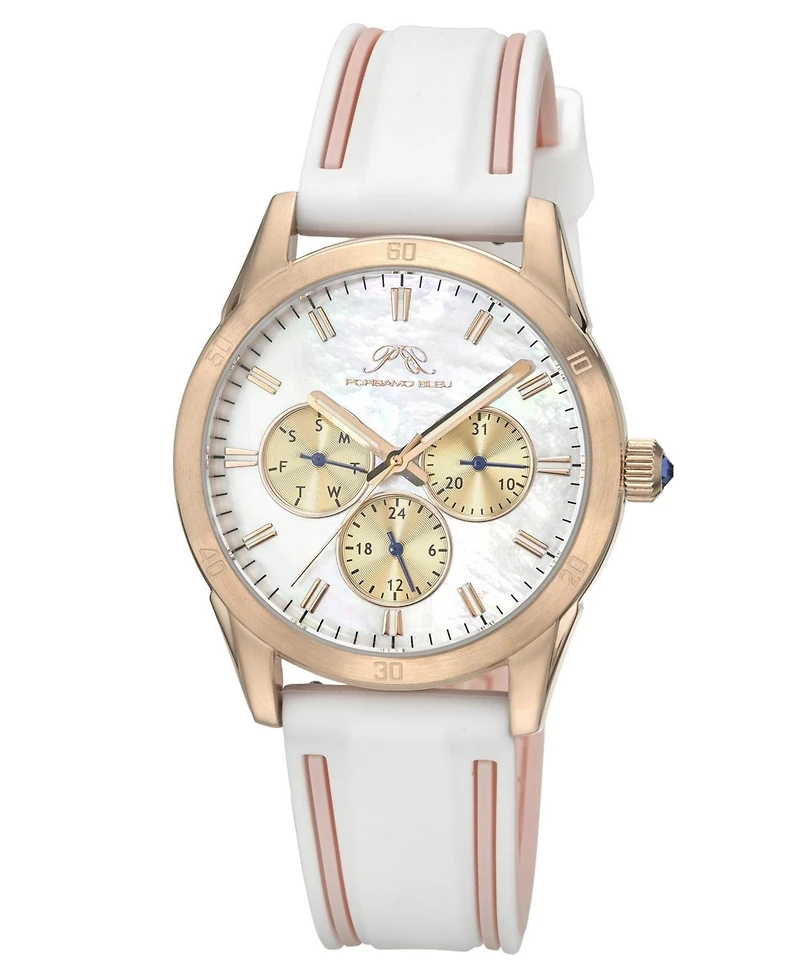 Porsamo Bleu Women's Georgie Multifunction White and Pink Silicone Strap Rose Tone Mother Of Pearl Dial Watch 39 mm