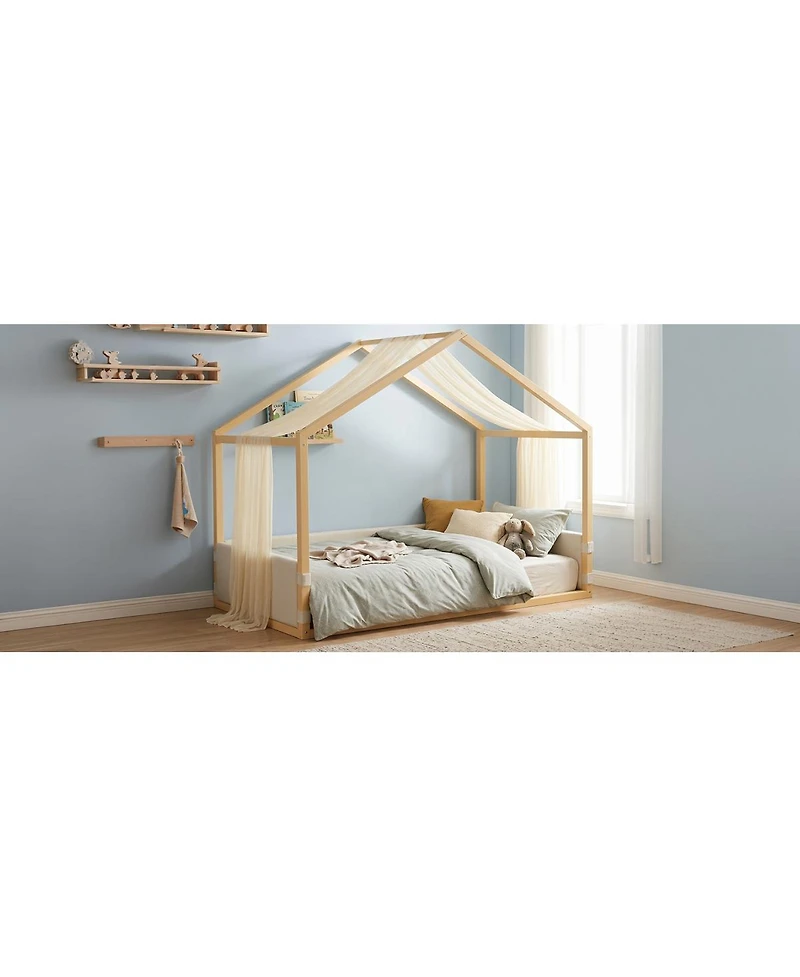 Streamdale Furniture Twin Size Velvet Canopy Bed with Gauze Canopy and Platform Frame