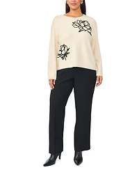 Vince Camuto Plus Long-Sleeve Crewneck Floral-Chenille Embroidery Sweater