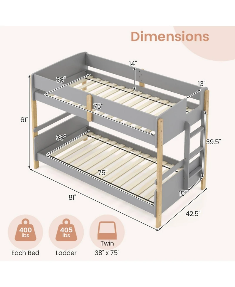 Gouun Twin Over Twin Wood Bunk Bed with Ladder Convertible to 2 Separate Beds
