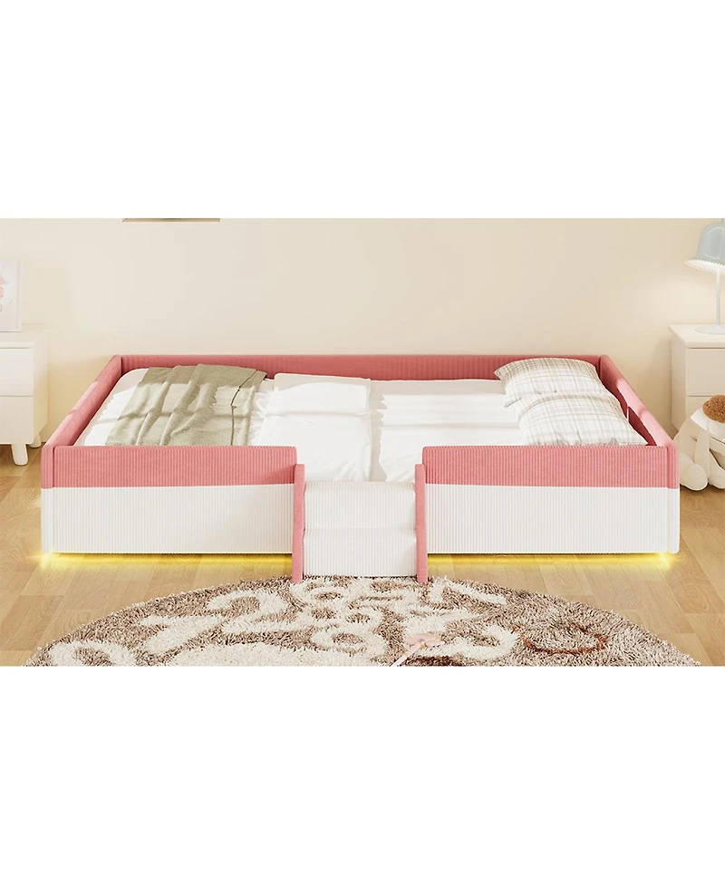 Streamdale Furniture Queen Upholstered Floor Bed with Fence, Steps and Led Lights