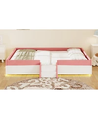 Streamdale Furniture Queen Upholstered Floor Bed with Fence, Steps and Led Lights