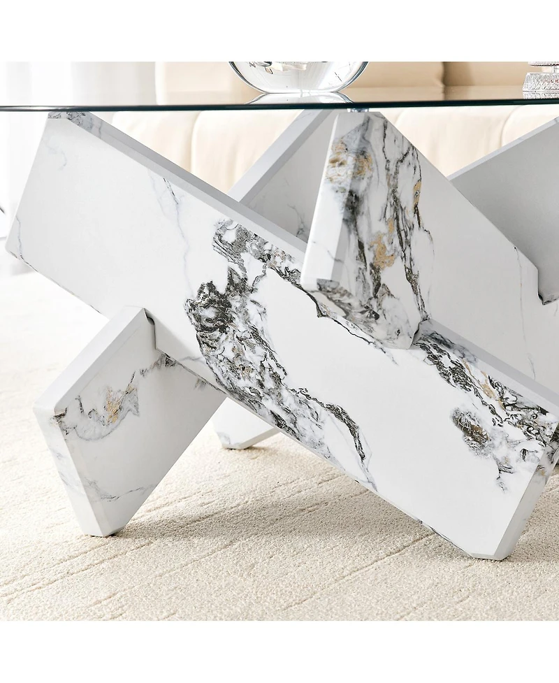 Streamdale Furniture Artistic Cross X-Shaped Tempered Glass and Marble Coffee Table