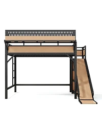Streamdale Furniture Full Size Metal Loft Bed with Slide, Wardrobe, Usb, Led and Pegboard