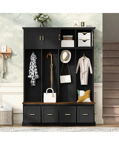 Streamdale Furniture Farmhouse Entryway Hall Tree with Coat Hooks, Cabinets