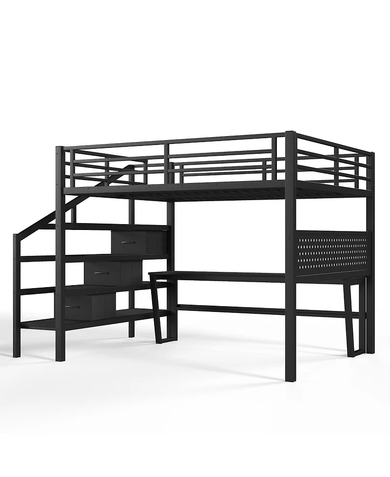 Streamdale Furniture Queen Metal Loft Bed with Desk, Stairs, Led and Storage Drawers