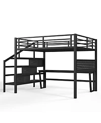Streamdale Furniture Queen Metal Loft Bed with Desk, Stairs, Led and Storage Drawers