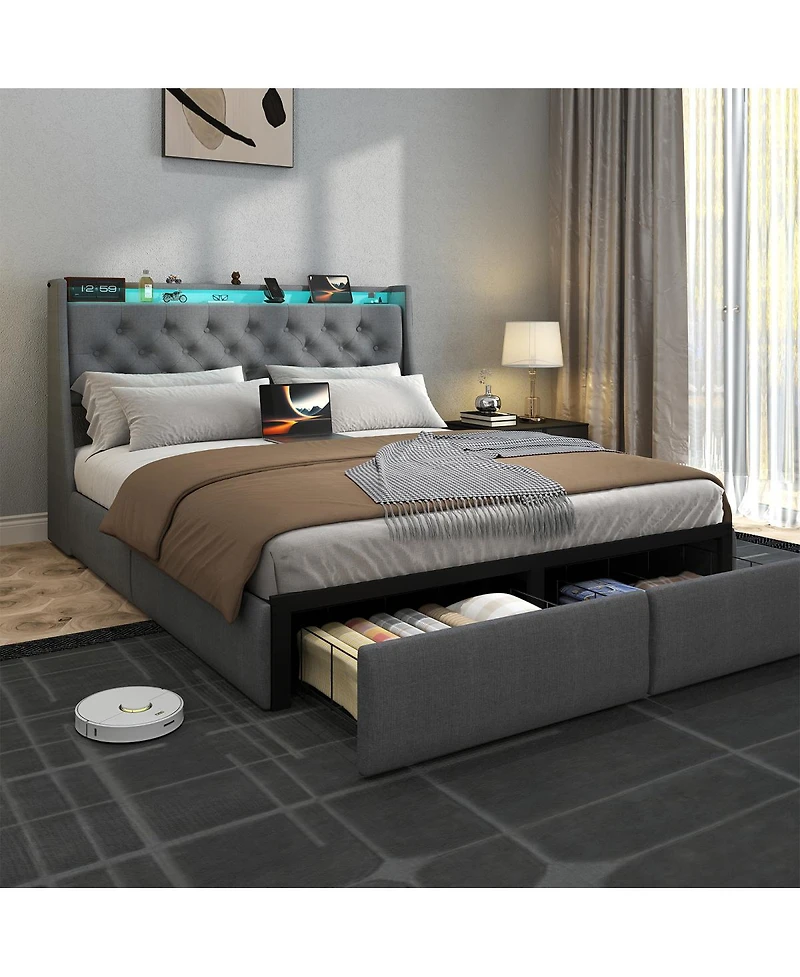 Streamdale Furniture Led Tufted Linen Platform Bed Frame with Drawers and Usb Charging