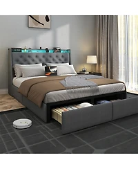 Streamdale Furniture Led Tufted Linen Platform Bed Frame with Drawers and Usb Charging