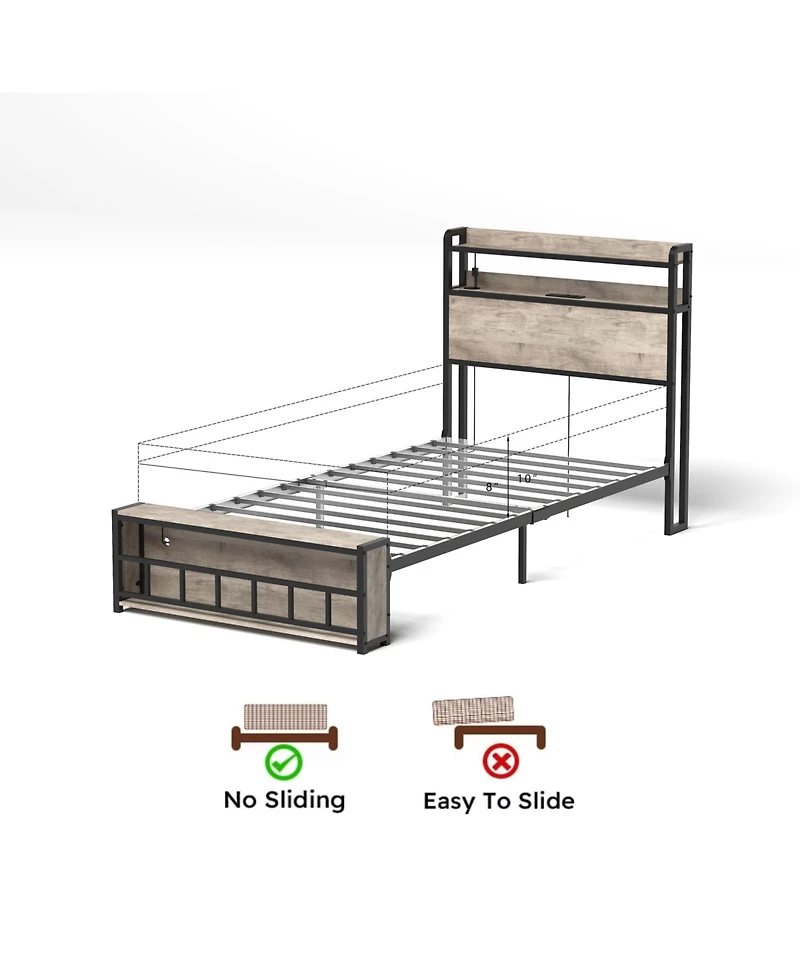 Slickblue Twin Bed Frame with Headboard, Charging Station and Led Lights