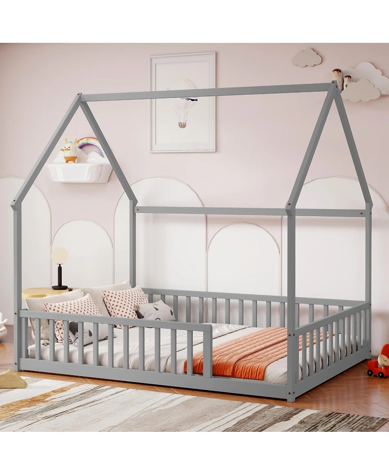 Streamdale Furniture Full Size House Floor Bed with Roof, Guardrails